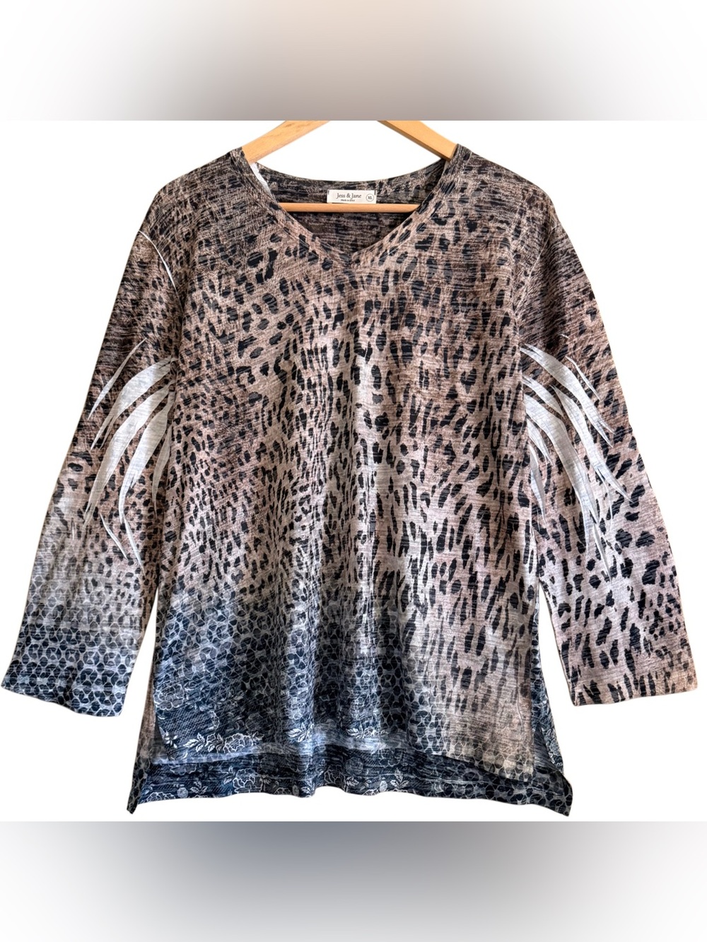 JESS & JANE Cotton Blend Lightweight Boho Animal Print Graphic Tunic Blouse XL